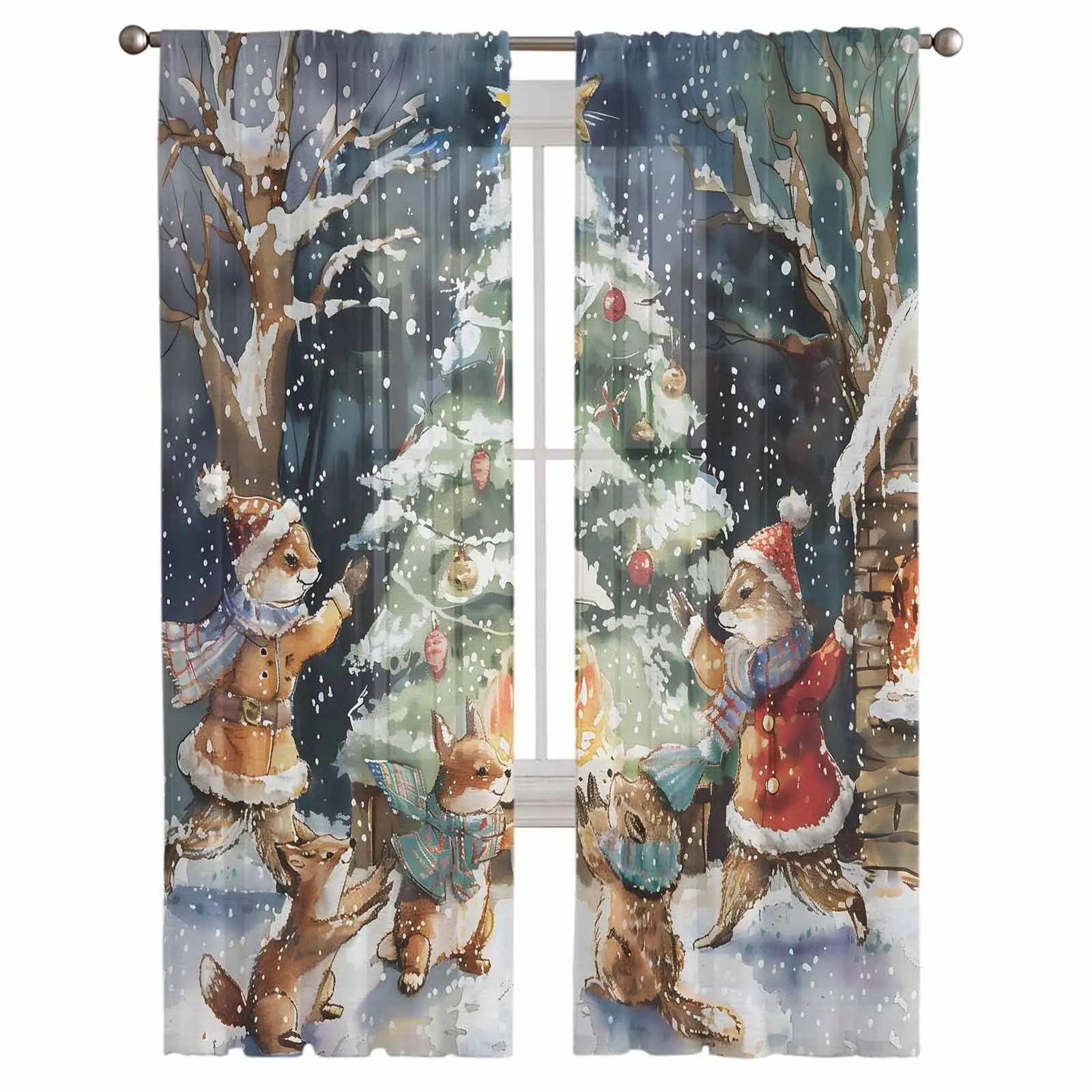 Christmas Tree Colorful Forest Moon Bonfire Animals Sheer Curtains Living Room Window Transparent Voile Tulle Cortinas Drapes