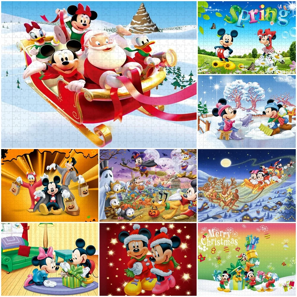 Christmas Mickey Mouse Disney Cartoon Puzzles 300/500/1000Pcs Educational Intellectual Decompressing Diy Puzzle Christmas Gifts