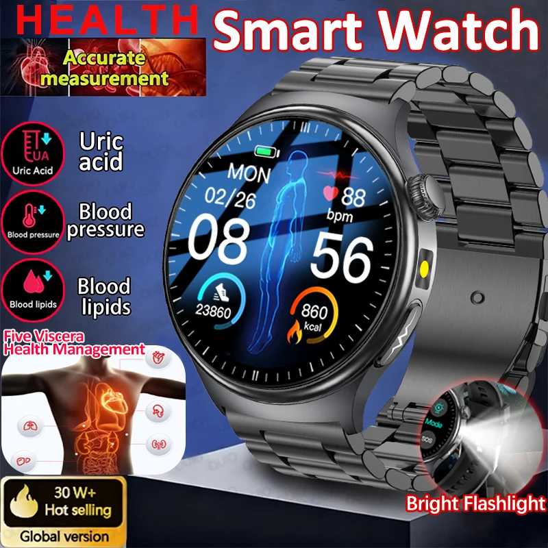 

2025 New ECG Health Smartwatch Blood Pressure Uric Acid Blood Lipids Temperature Five Viscera Health Sport Flashlight Smartwatch
