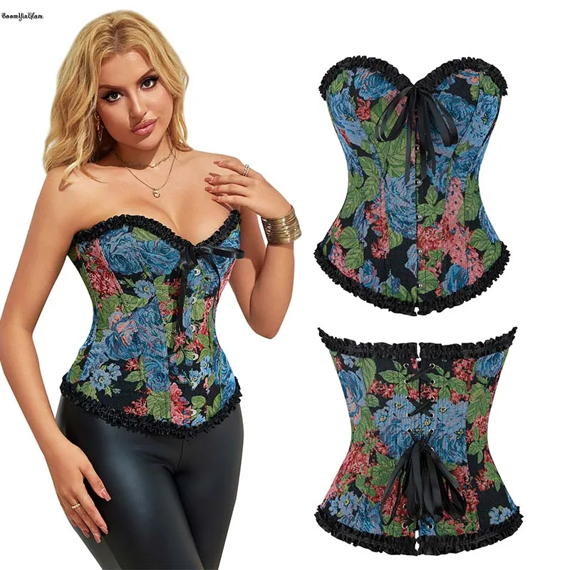 

12 Fish Bones Supported Women's Blue Floral Embroidered Lace Trimmer Boned Vintage Corselet Plus Size XS-XXL Slim Body Shapewear