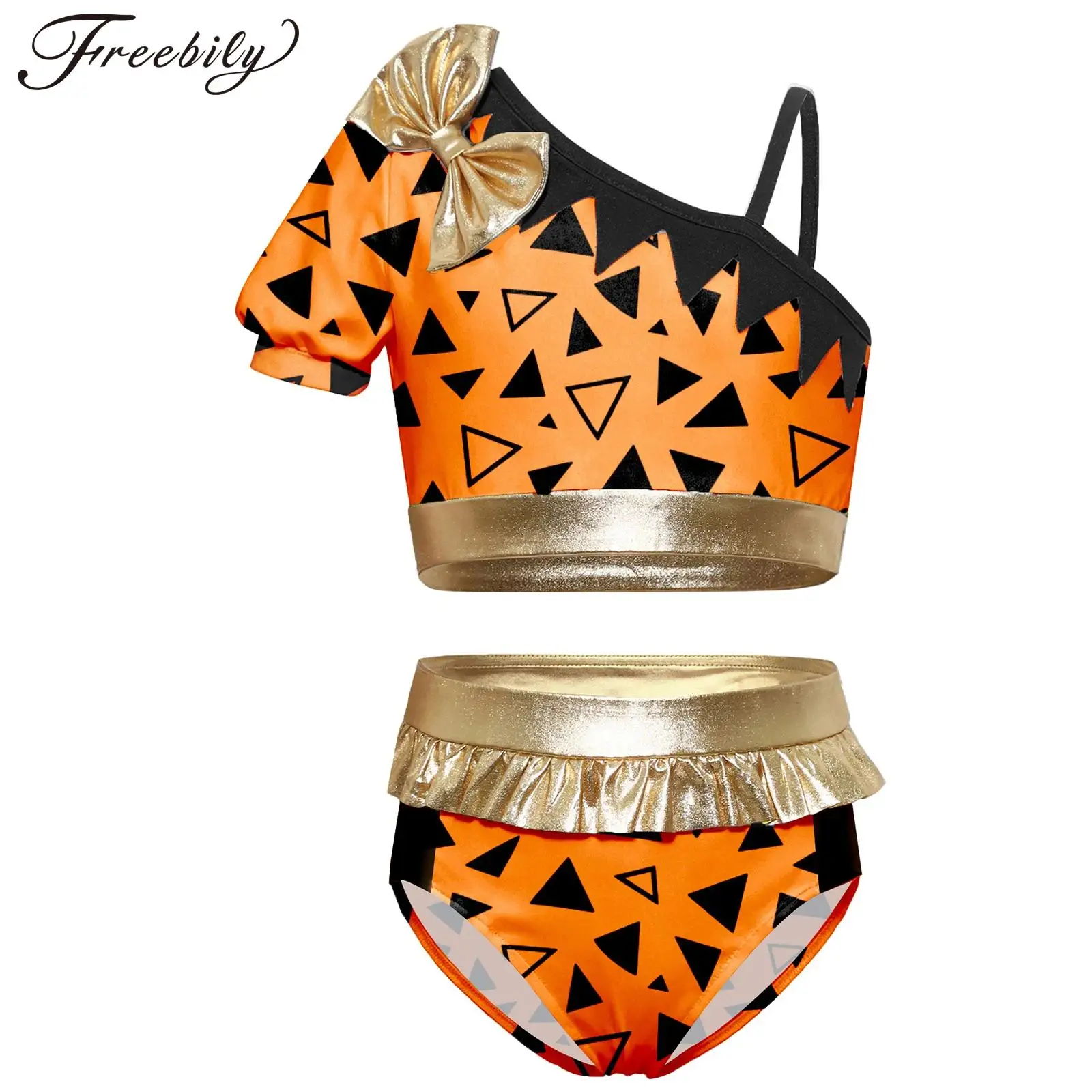 Kids Girls Prehistoric Caveman Cosplay Costume Native American Primitive Tribal Dress Up Metallic Cave Printed Crop Top Briefs