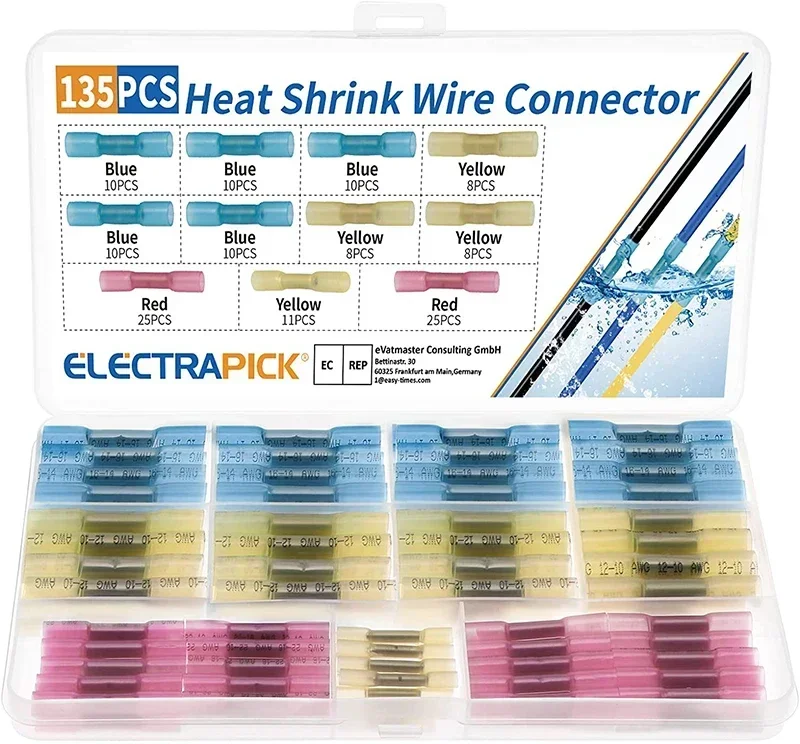 135PCS Waterproof Solder Seal Wire Connectors - Heat Shrink Butt Crimp Electrical Terminals Wire Connector Set