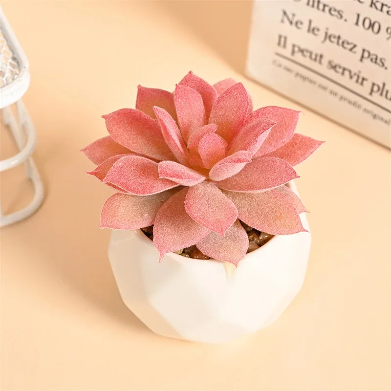

Pink Flocking Artificial Succulents Plants With Pot For Garden Decoration Fake Bonsai Flower Planta Artificial Accessories Rose