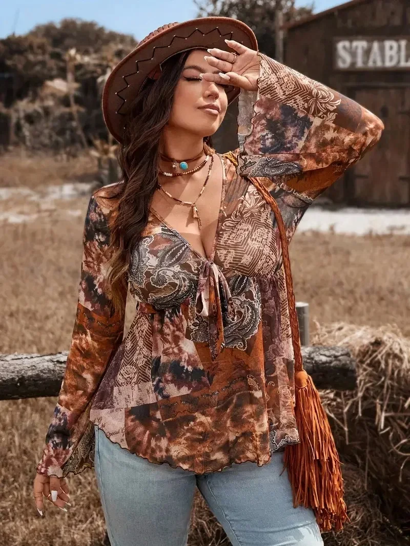 بلوزة شبكية عصرية بمقاس كبير مع مرقع مضلع مثير وحجم موسع للسيدات - ربطة عنق حريرية رائعة وأكمام طويلة