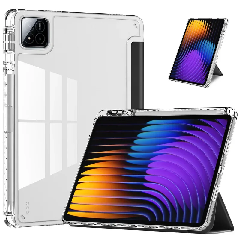 For Xiaomi Pad 7 Pro 2024 Case with Pencil Holder Multi-folding Stand Clear Back Cover for Xiaomi Mi Pad 7 Pro Pad7Pro Tablet