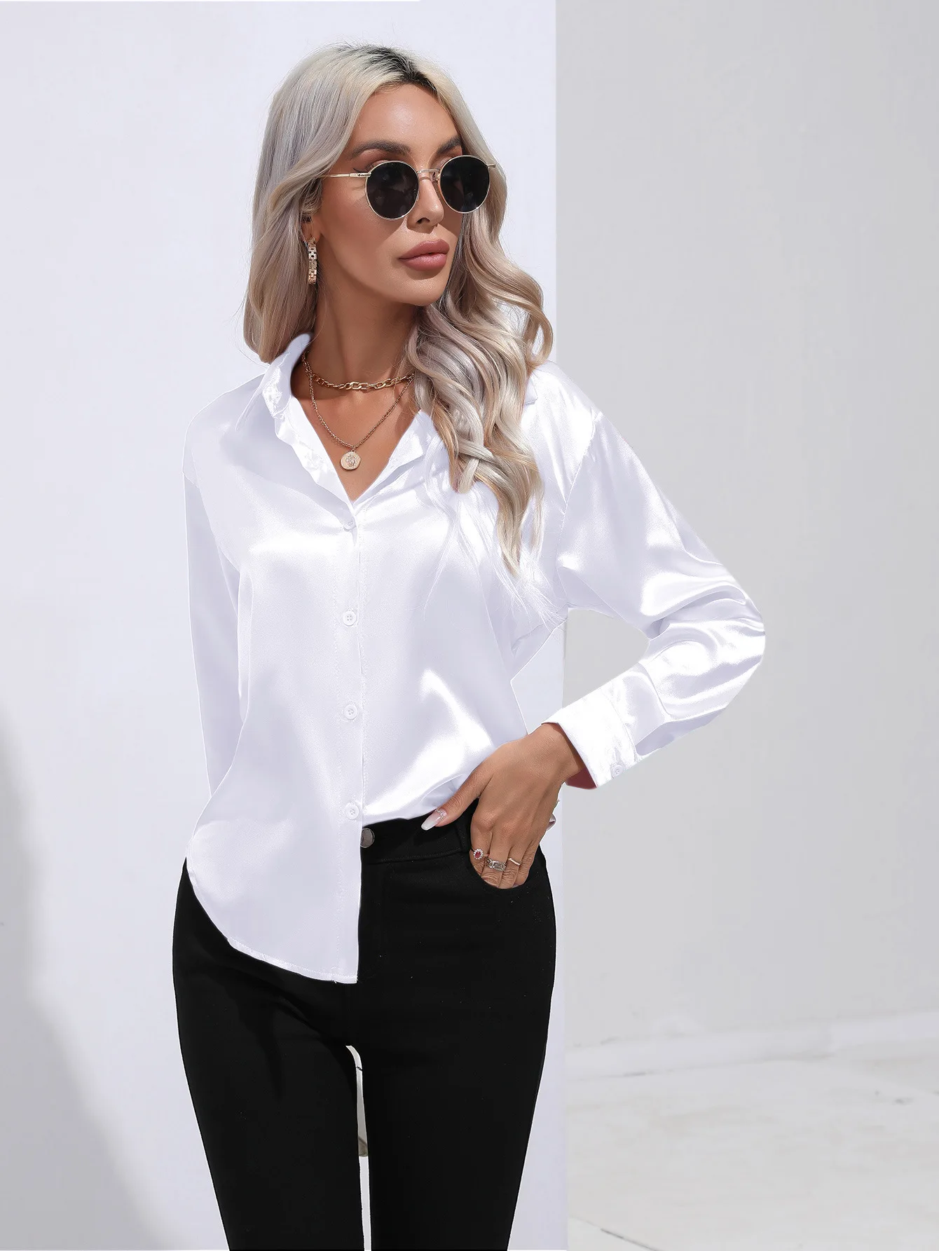 Elegant Women\'s Satin Imitation Silk Long Sleeve Shirt Autumn/Winter Solid Office Lady Lapel Button Blouse Women Clothing S-XXL