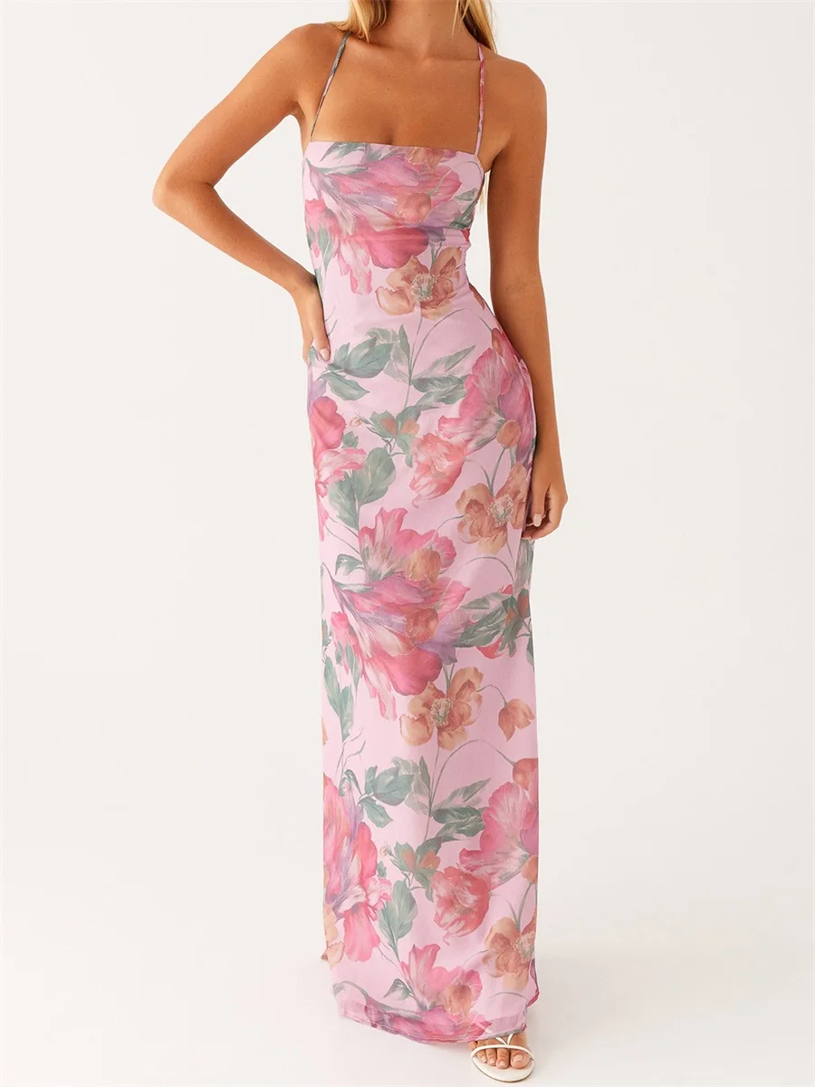ผู้หญิงชุดยาวดอกไม้พิมพ์ชุด Cami ฤดูร้อน CROSS Tie-Up Backless แฟชั่นสปาเก็ตตี้ชุดสายคล้อง