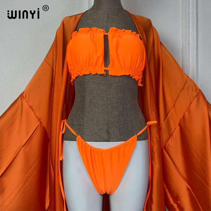 WINYI-vestidos de verano para mujer, conjunto de Bikini de color liso, cárdigan de moda, ropa de playa africana, trajes de playa para mujer 2024