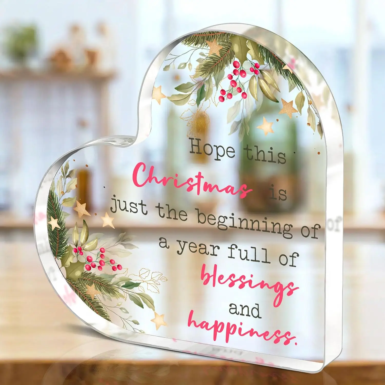 Heart‑Shaped Acrylic Plaque Christmas Blessing Quote Holly Red Berries Golden Stars Freestanding Xmas Keepsake Gift