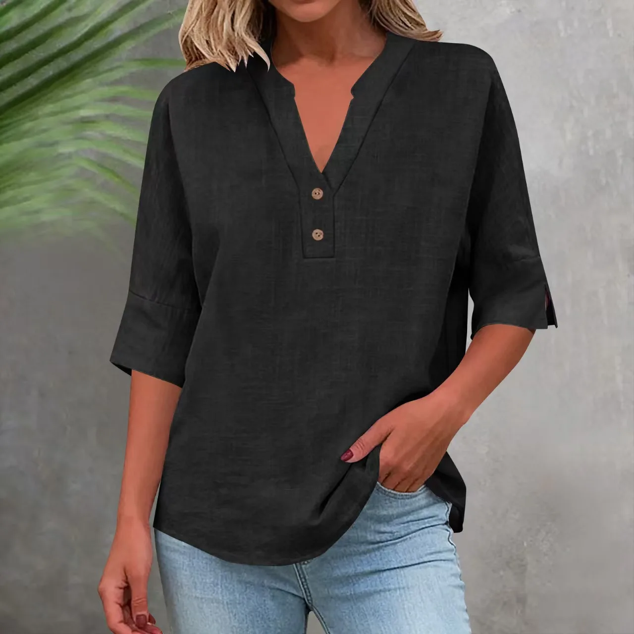 Summer Women's Solid Stand Collar Button Half Sleeve Shirt