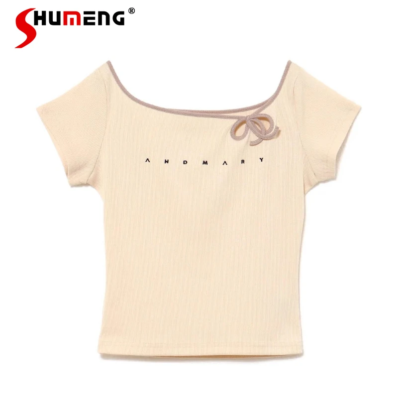 

Japanese Sweet Girl's Short-sleeved Top Summer New 2025 Women's Slim-Fit Square Neck T-shirt Daily Basic Casual T-shirt Clothing