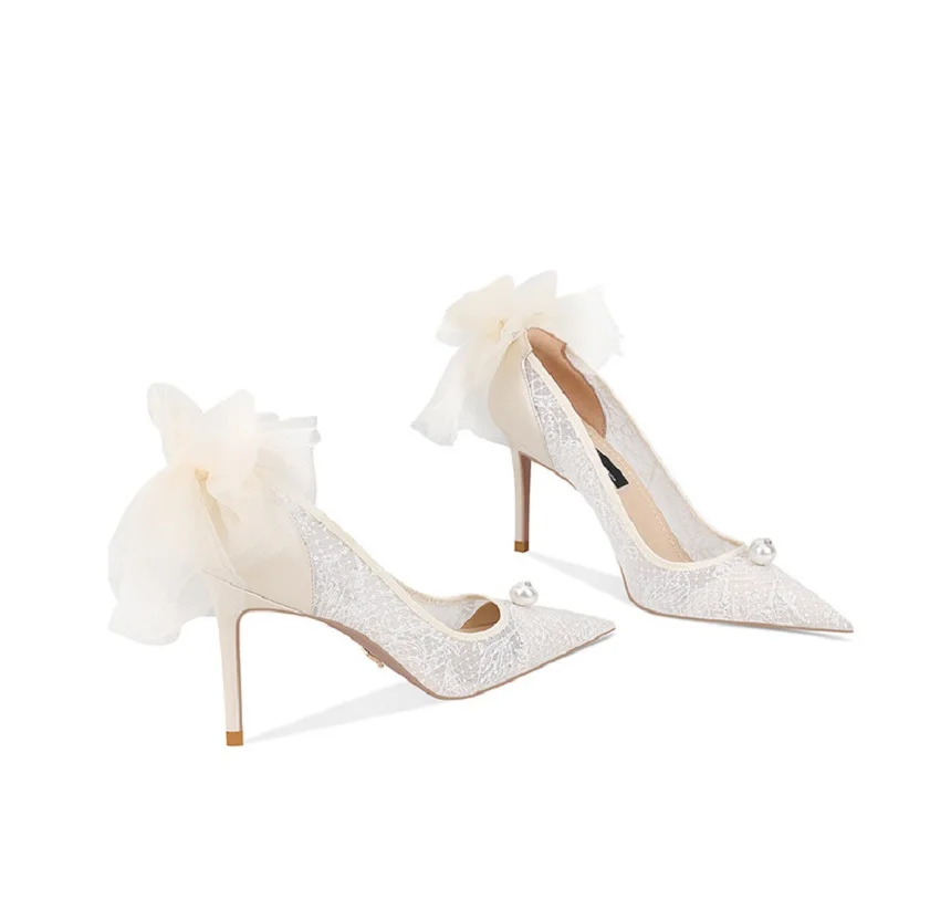 Spring and summer new style pointed shallow mouth lace mesh bow thin heel wedding shoes banquet small size high heels women shoe