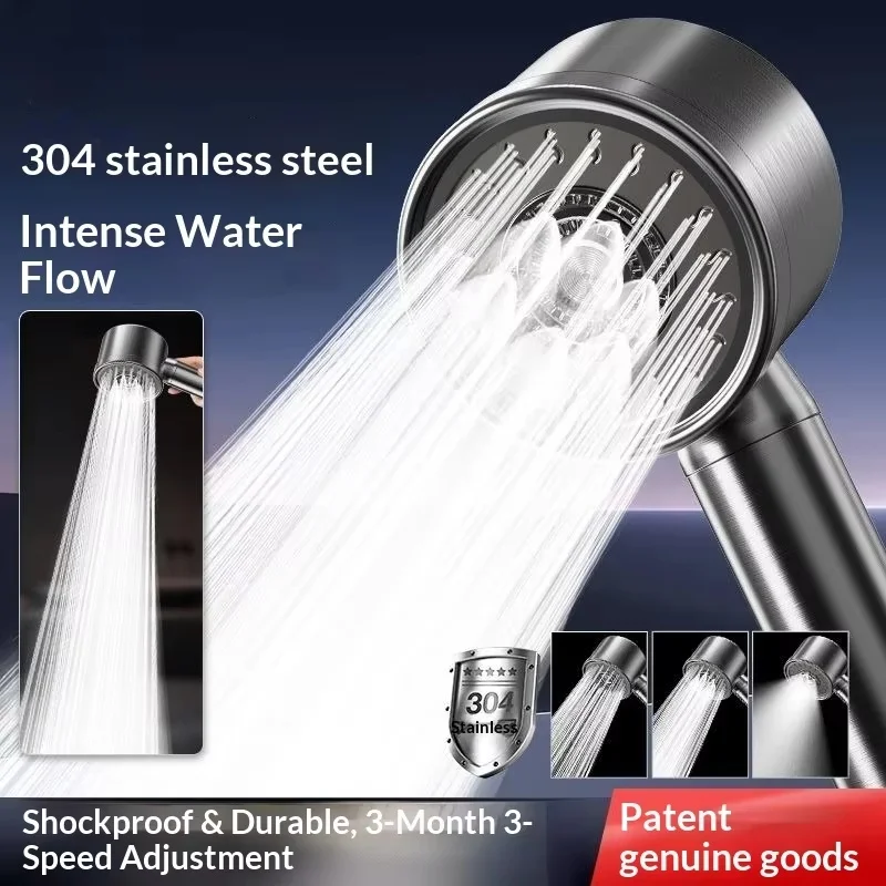 304 Stainless Steel High Pressure Filter Shower Head 3-Speed Large Flow Showerhead Shatter-Resistant Detachable for Bathroom