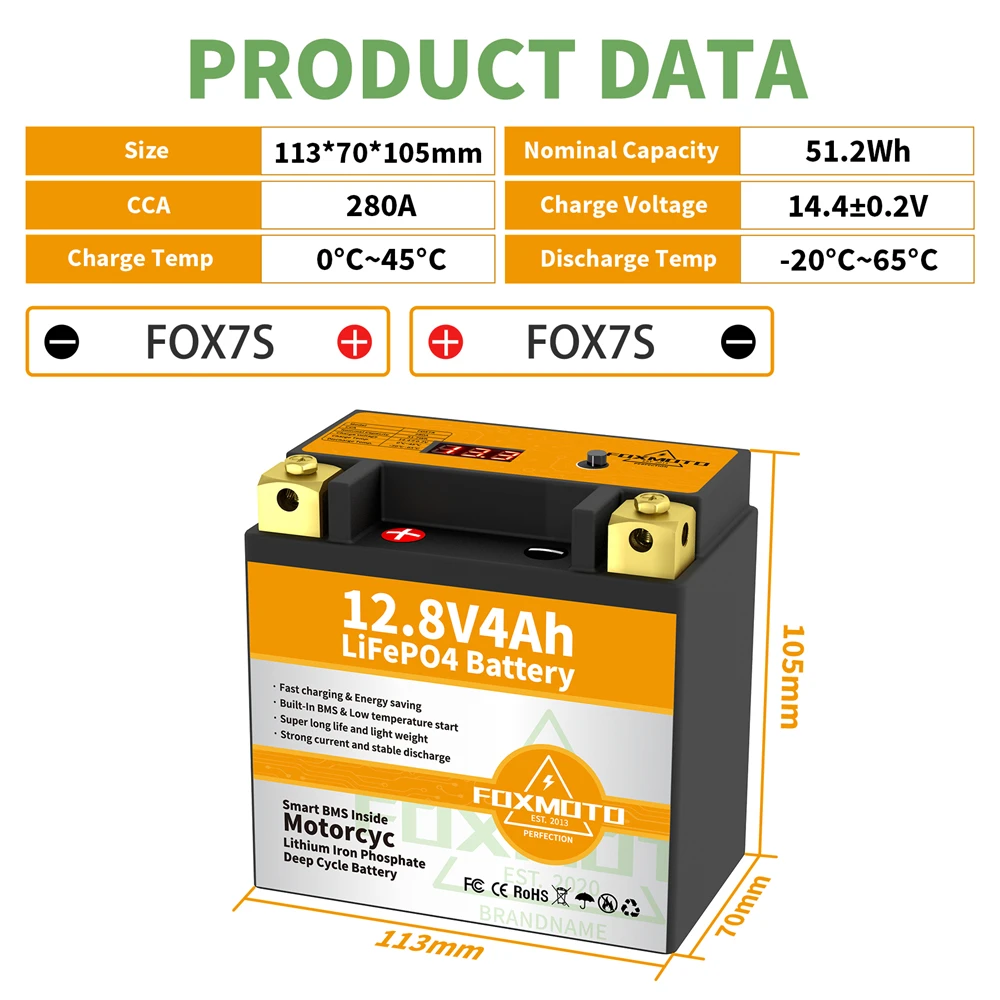 

FOX7S 12.8V 51.2Wh CCA 280A BMS Motorcycle Start Battery 12.8V Lithium iron Phosphate Scooter LiFePO4 Batteries YTX7S YTZ7S-BS