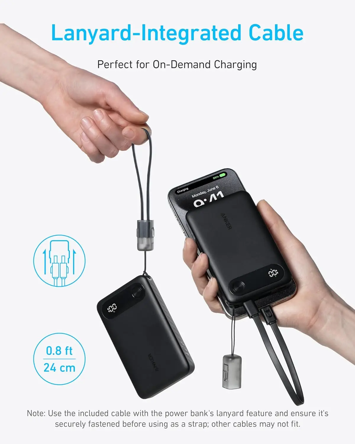 Anker Power Bank 10000mAh Portable with Built-in USB-C Cable and Lanyard 22.5W Max Backup Battery Pack