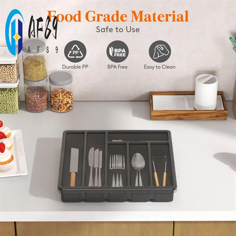 

AF89-Silverware Organizer With Lid,Covered Utensil Tray For Kitchen Drawer And Countertop, Plastic Cutlery And Flatware