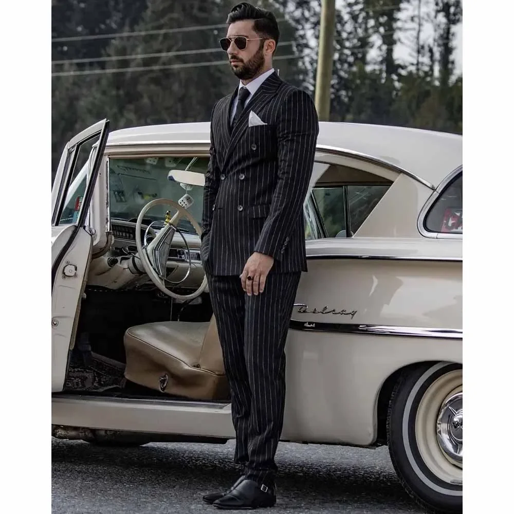 

Luxury Black Stripe Men Suits Tailor Made Double Breasted Peak Lapel Back Vents Blazer Formal Male Clothing Costume Homme 2024