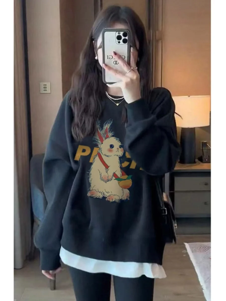 

Черная тонкая толстовка без капюшона с круглым вырезом, женская модная верхняя одежда в корейском стиле, весенне-осенняя верхняя одежда свободного кроя, удобная