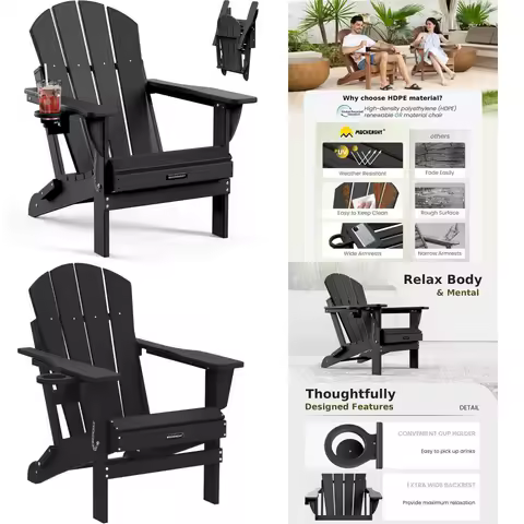 Weatherproof Outdoor Adirondack Chairs for Patio, Deck, Backyard, and Fire Pit (Black)