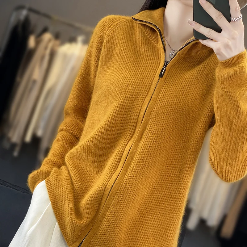 DjzDsm 100% Mink Cashmere Knitted Cardigan Ladies Loose Korean Version Of Women\'s 2024 New Zipper Cardigan Long-Sleeved Sweater