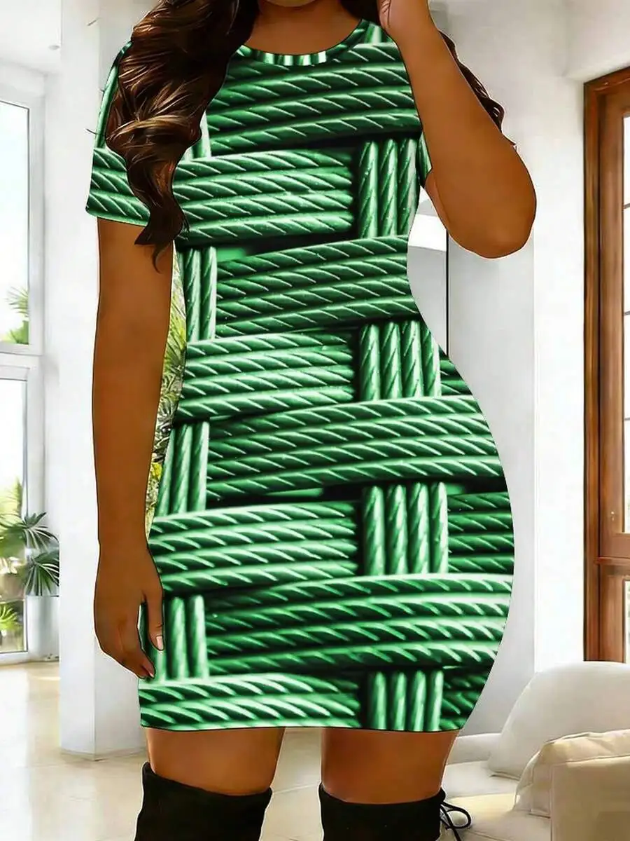 

Womens Green Geometric Print Bodycon Dress Short Sleeve Slim Fit