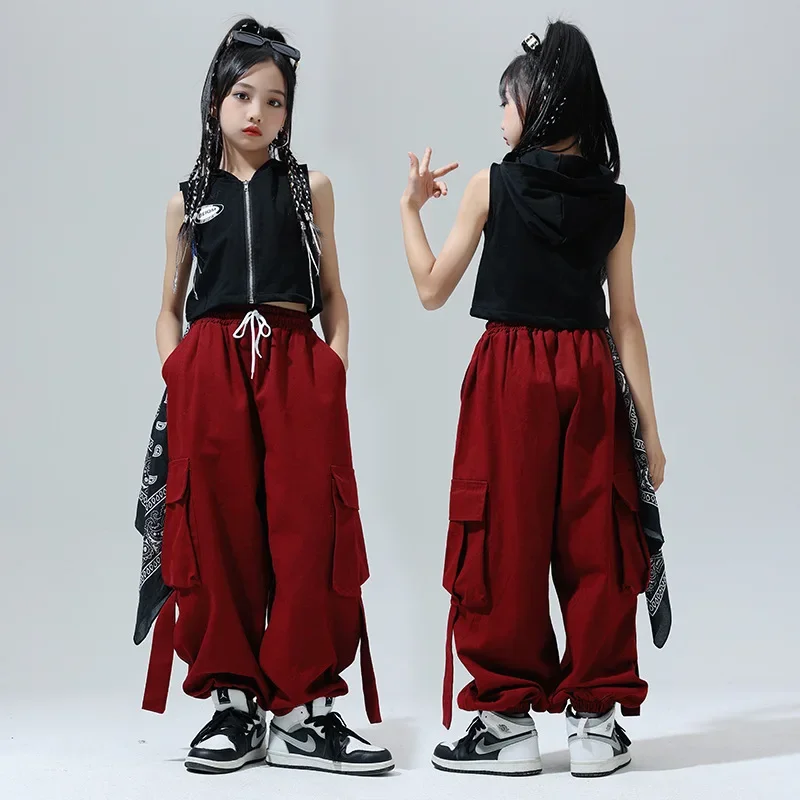 Hiphop Street Dance Kostuum Voor Meisjes Zwarte Hiphop Outfits Tops Baggy Broek Kinderen Jazz Show Tiener Moderne Danskleding