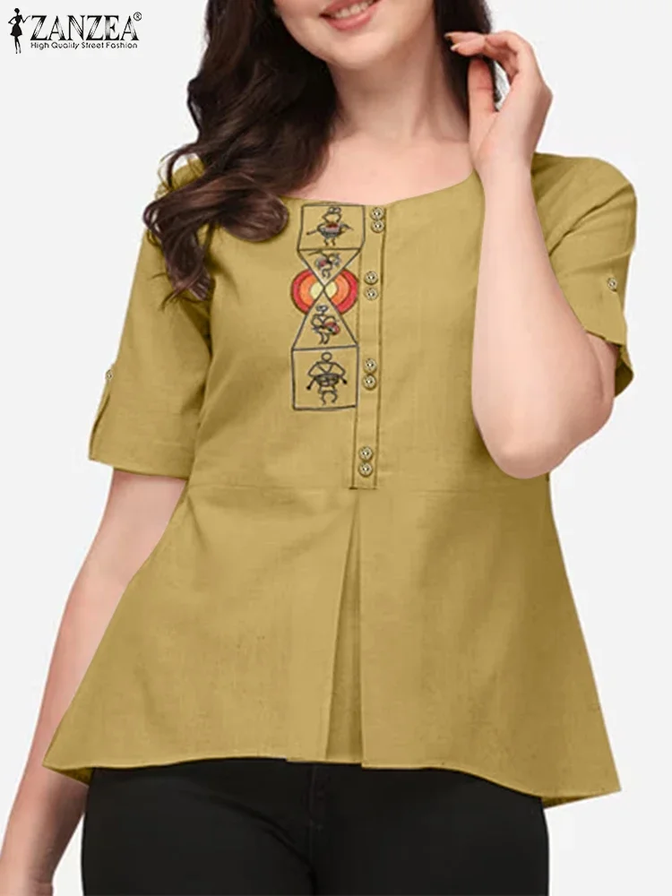 

Vintage Blouse Women Casual Loose Printed Tops Elegant O Neck Short Sleeve Tunic 2025 ZANZEA Oversized Solid Color Blusas