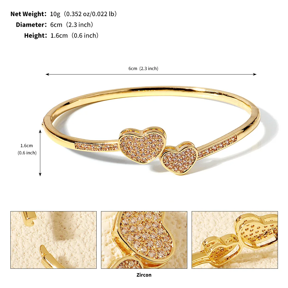 Squisito cuore in rame con zirconi Bracciale da donna Bracciale aperto con strass fatto a mano alla moda Bracciale a mano con gioielli da festa
