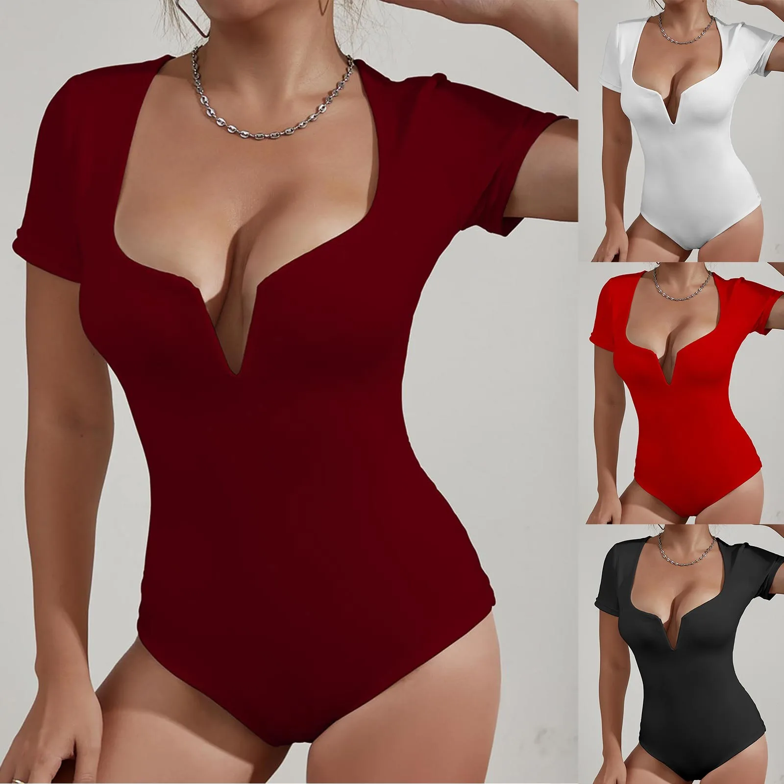 

New European and American Women's Solid Color Slim Fitting Short Sleeves V Neck Sexy Bodysuits Bottoming Short Jumpsuits