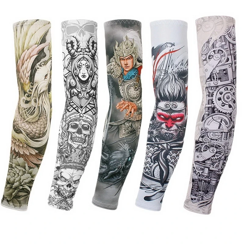 2Pcs Breathable Quick แห้ง3D Tattoo ครีมกันแดดแขนแขนชายบาสเกตบอลข้อศอก Pad กีฬา Cuff แขนอุ่นฝาครอบ