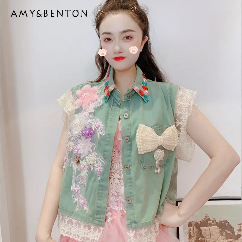 

Denim Waistcoat Summer New Heavy Industry Rhinestone Polo Collar Three-Dimensional Flower Design Sense Slimming Thin Vest Female