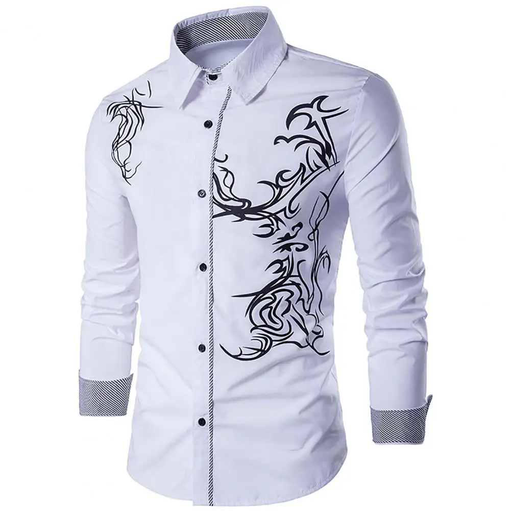 Heren Shirt Europese En Amerikaanse Etnische Stijl Bedrukt Heren Revers Casual Business Lange Mouwen Shirt Anti-Rimpel Knopen Shirt