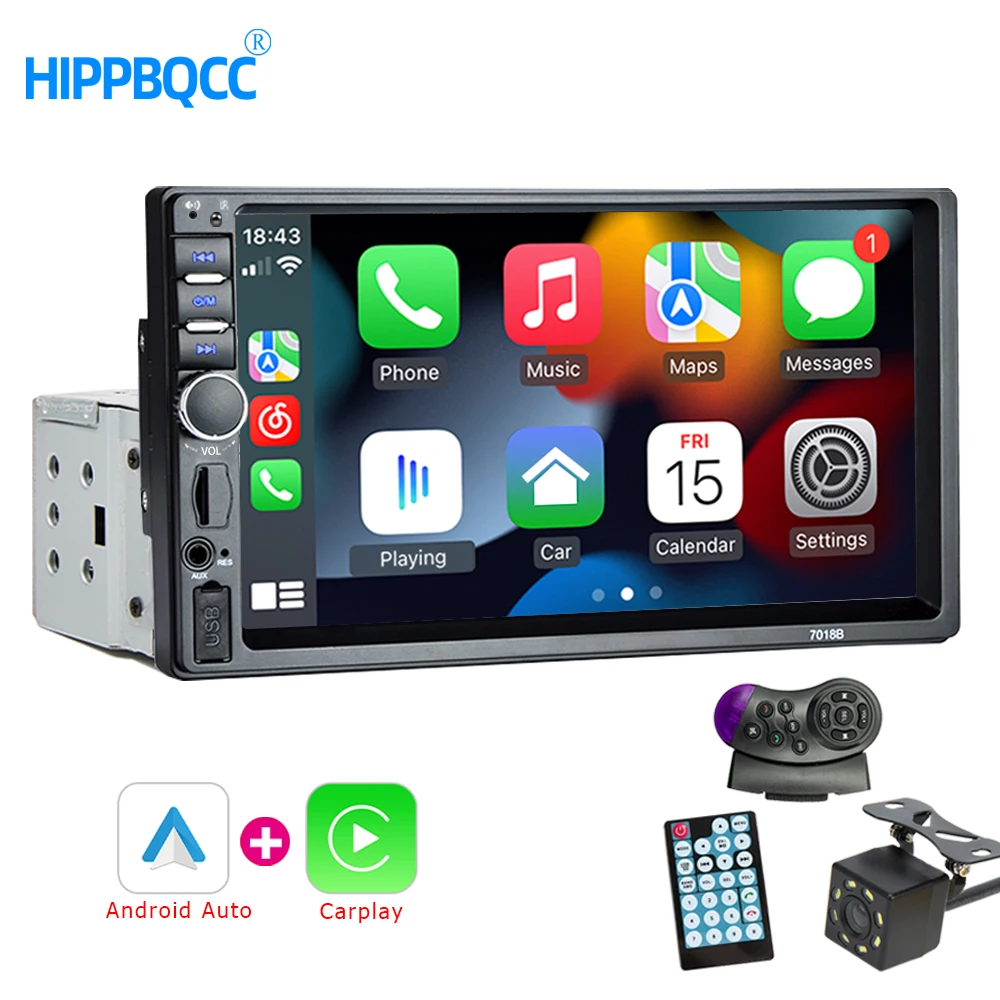 

HIPPBQCC 7" 1 Din Car Radio Carplay Android Auto Multimedia Player HD Touch Screen FM AUX Input Bluetooth MirrorLink Universal