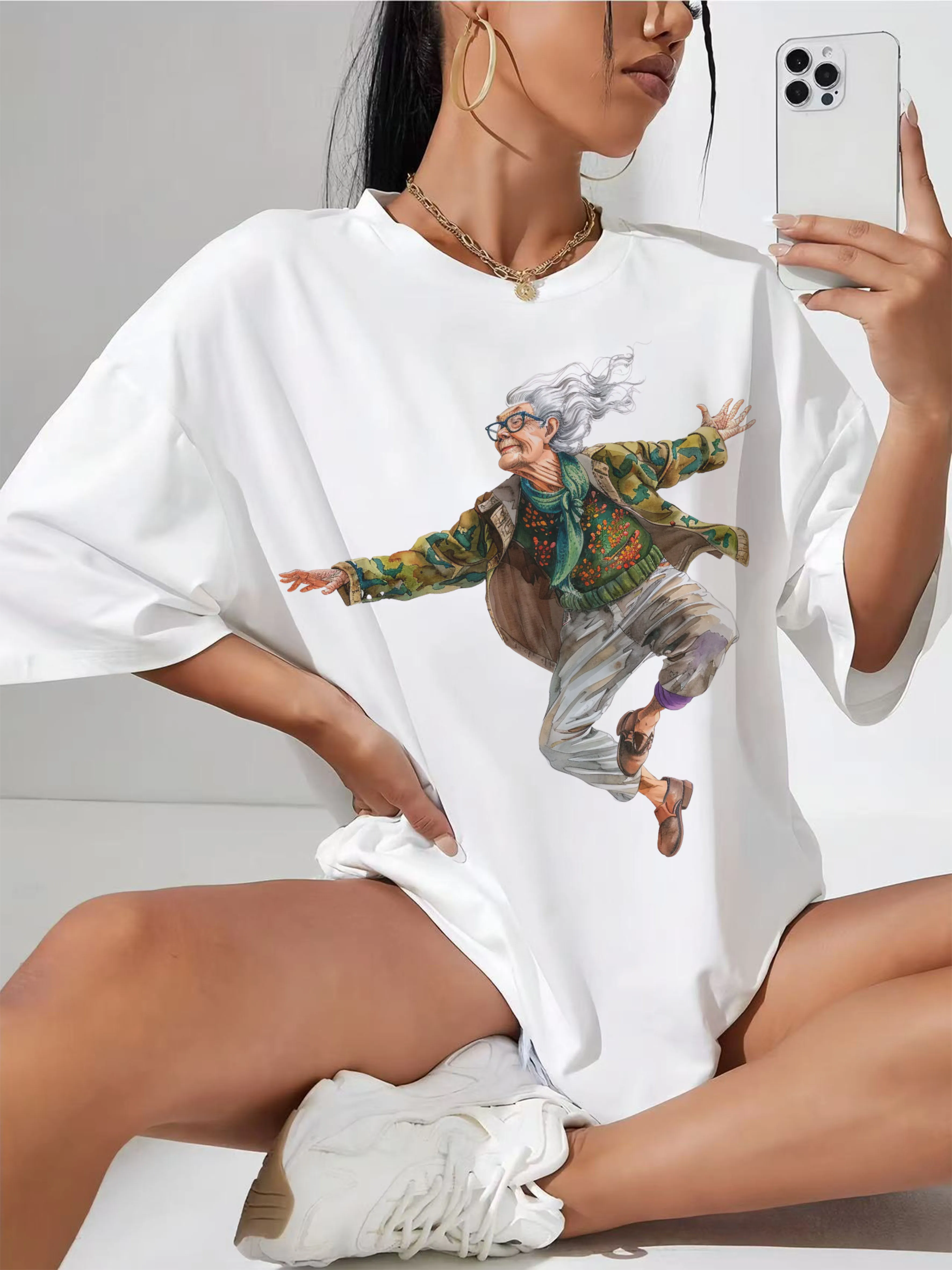 

Quirky-Whimsical-Crazy-Grandma-Clipart White Loose Fit Women's T-Shirt Casual Relaxed Fit Ideal for Summer Days Festivals