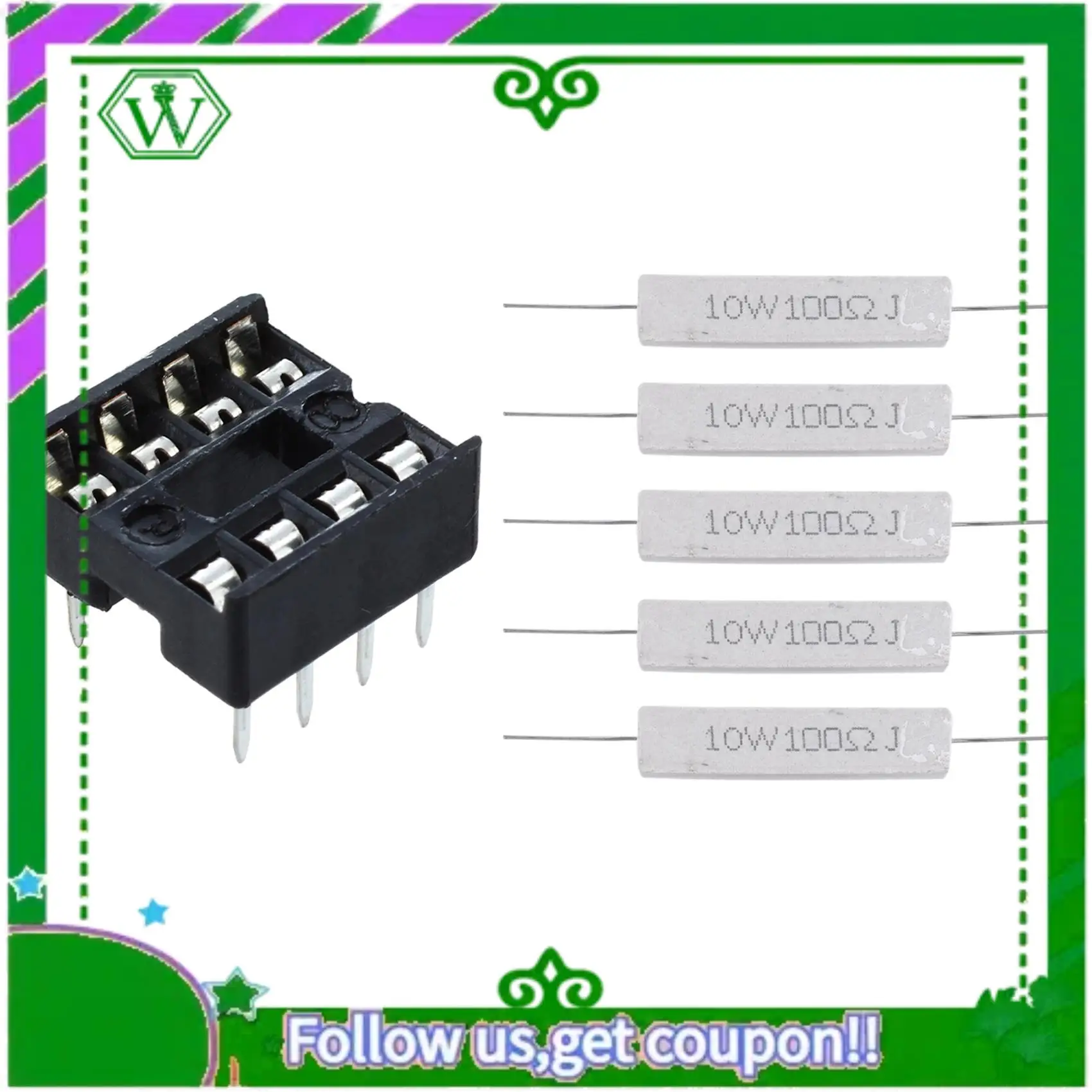 

ABIK-5 Pcs 10W Watt 100 Ohm 5% Axial Wirewound Cement Resistors & 10 Pcs 8 Pin DIP IC Sockets Adaptor Solder Type Socket
