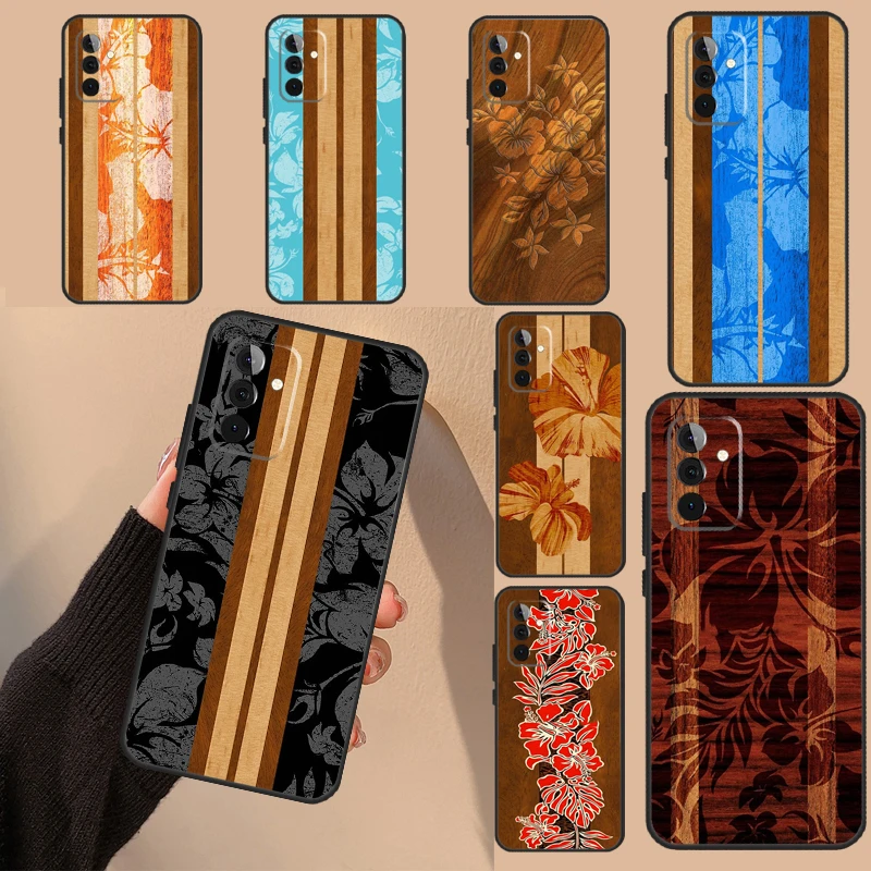 Hawaiian Faux Wood Surfboard Case For Samsung Galaxy A34 A54 A24 A14 A13 A23 A33 A53 A12 A22 A32 A52 A51 A71 Back Cover