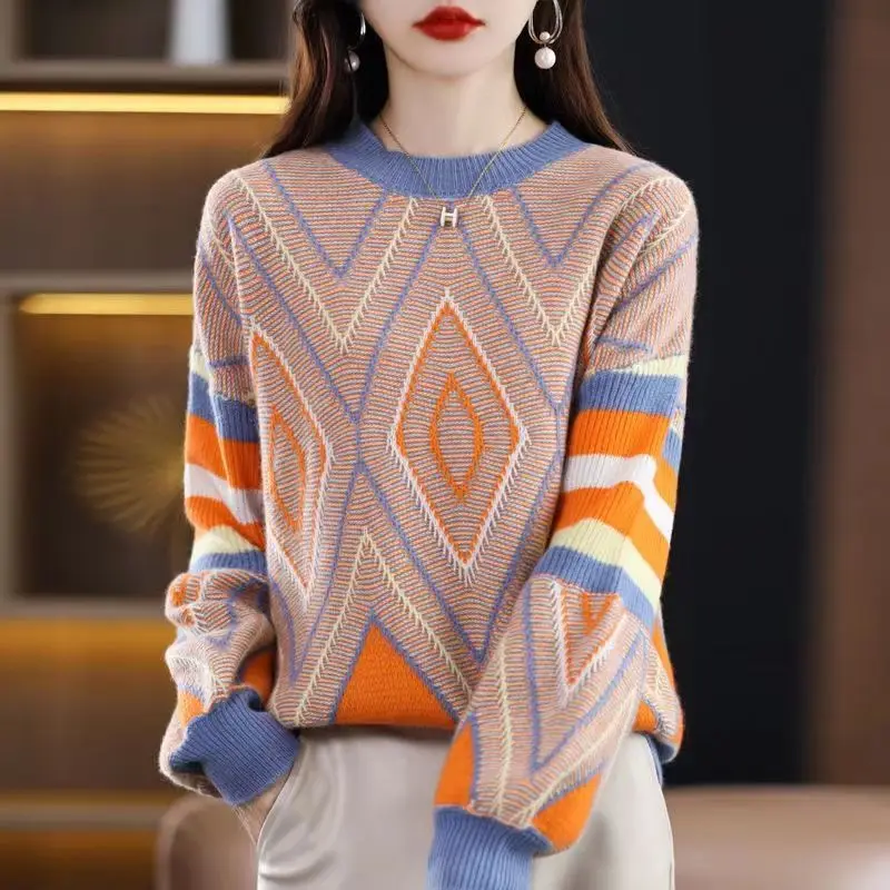 2023 New Autumn and Winter Women\'s Fashion Round Neck Sweater Loose and Relaxed Lazy Knitted Shirt Bottom Comfortable Top