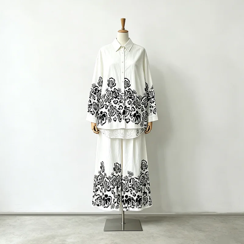Fashionable Printed Open Cardigan Long Sleeve Shirt + Wide Leg Pants Set Bohemian Outfits Two Piece Set Elegant Women's Wear