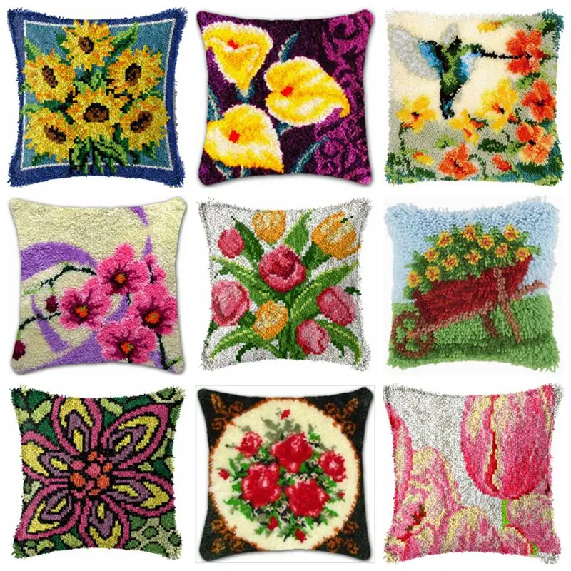 

Beautiful Flower Embroidery Hand Knitted Pillow Materials Cartoon Series DIY Handcraft Section 3D Embroidered Coarse Wool Carpet