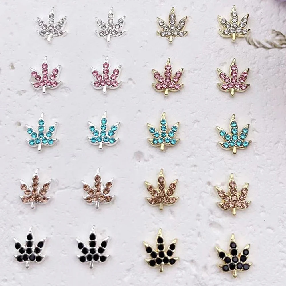 Colorido Maple Leaf Nail Art Charms, 3D Liga, Sliver Folha, Diamante Embutidos, Strass brilhante, DIY Acessórios, 10pcs