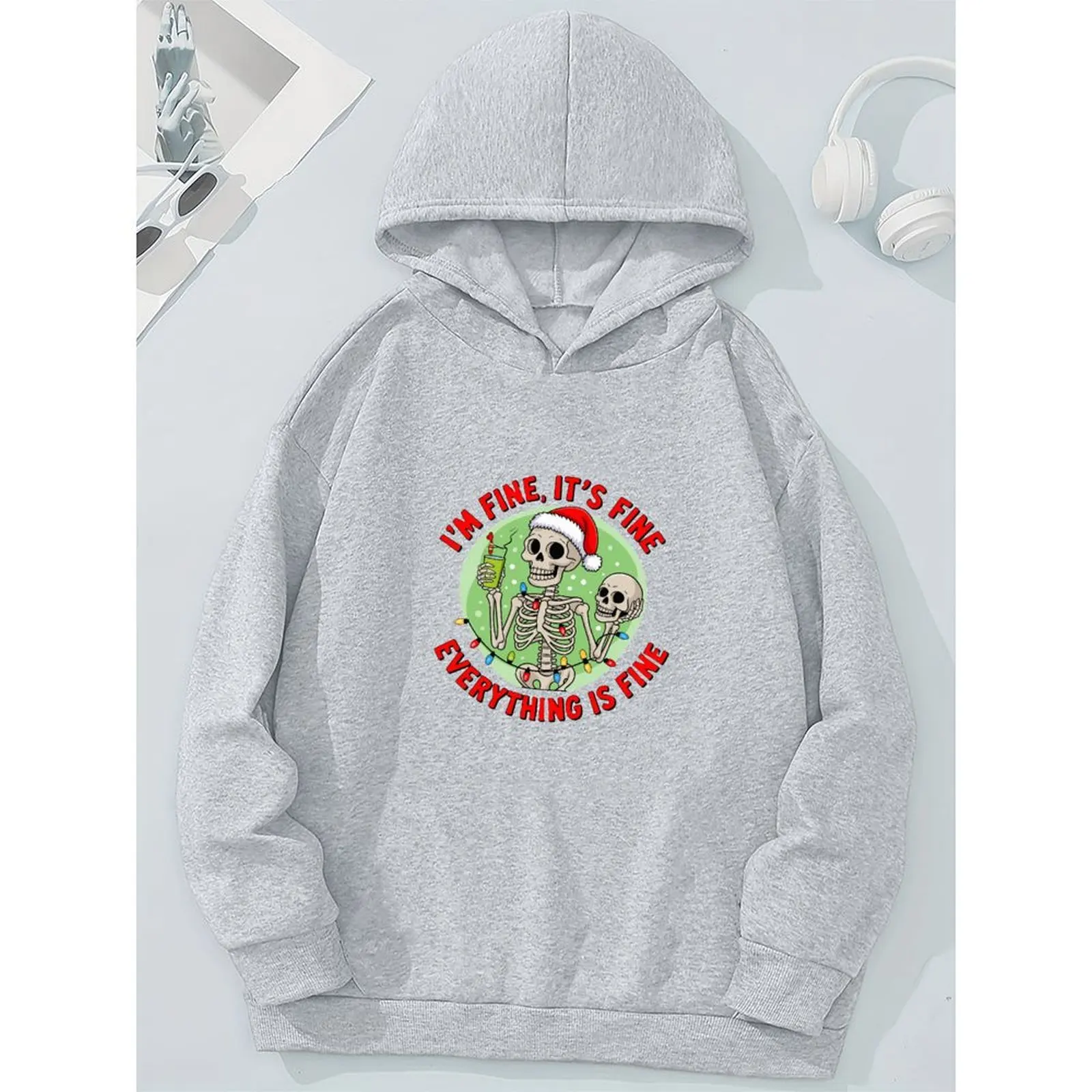 سويت شيرت نسائي بقلنسوة لعطلة عيد الميلاد باللون الأسود والرمادي كما يظهر الصور من نسيج البوليستر المريح بأكمام طويلة #3