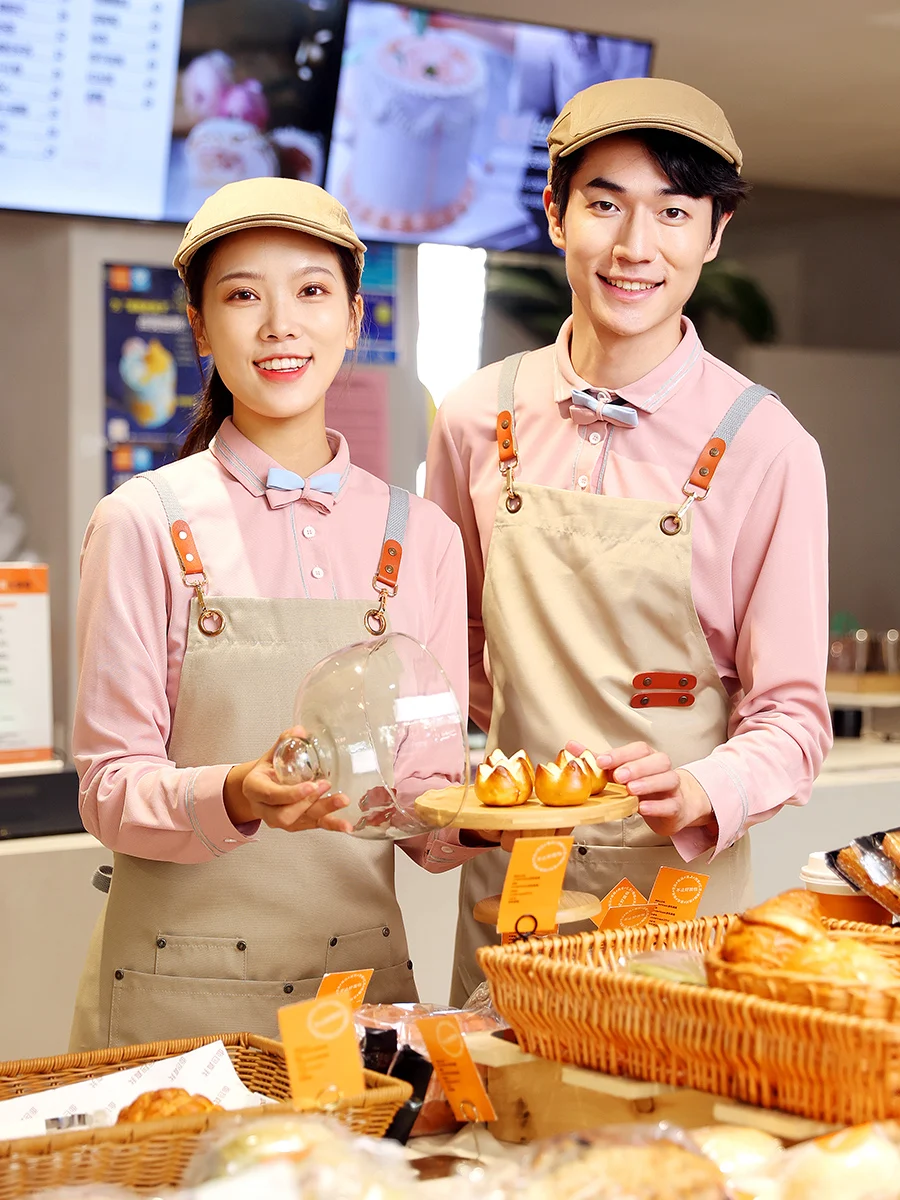 

2023 Hot Sale Milk Tea Store Workers Clothing Restaurant Catering Dessert Cake Shop Waitress Pink Shirt+Apron 2pcs Set Wholesale