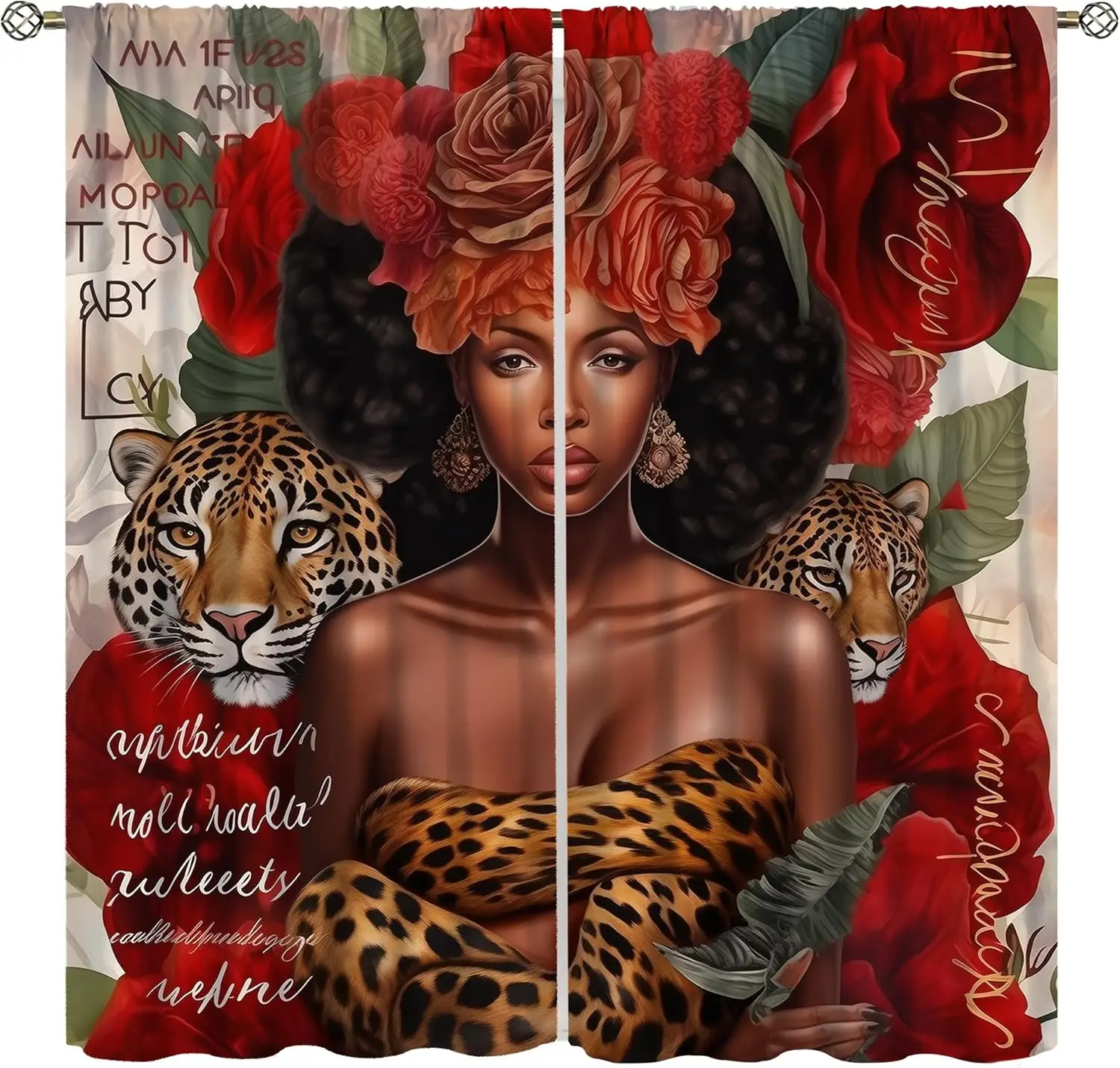 Black Girls Curtains Beautiful Red Rose African Wild Leopard Tiger Flower Plant Decor Windows Treatments Thermal Drapes