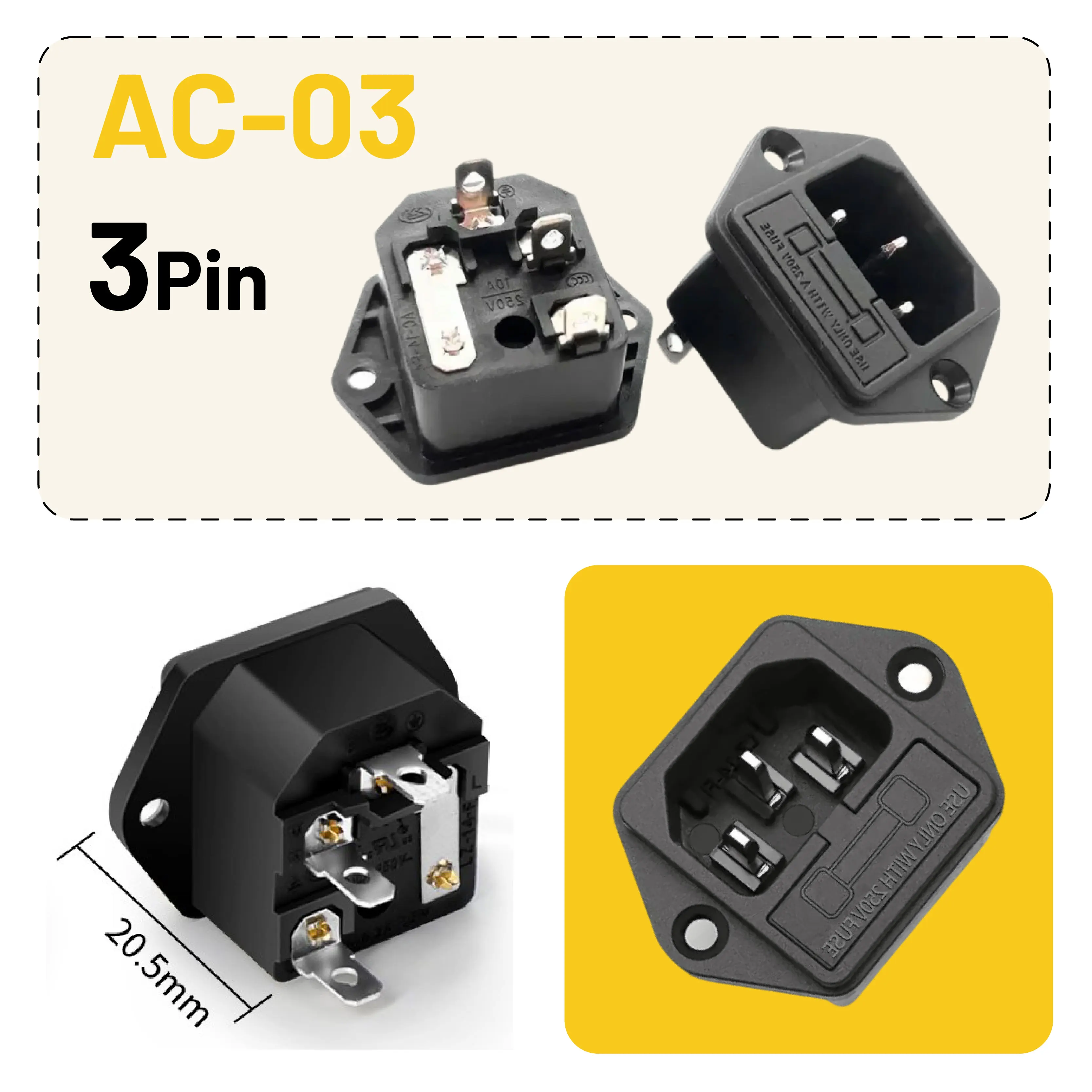 

AC-03 Power Inlet Socket 10A 250V 3-Pin Fused Panel Mount Connector for Amplifiers Power Supplies