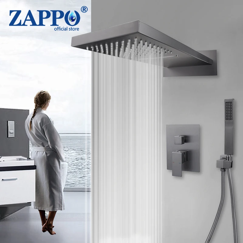 ZAPPO Grey Shower Panel Waterfall Shower Faucet Set Concealed Shower  Wall Mounted Shower Column Hot And Cold Mixing Valve