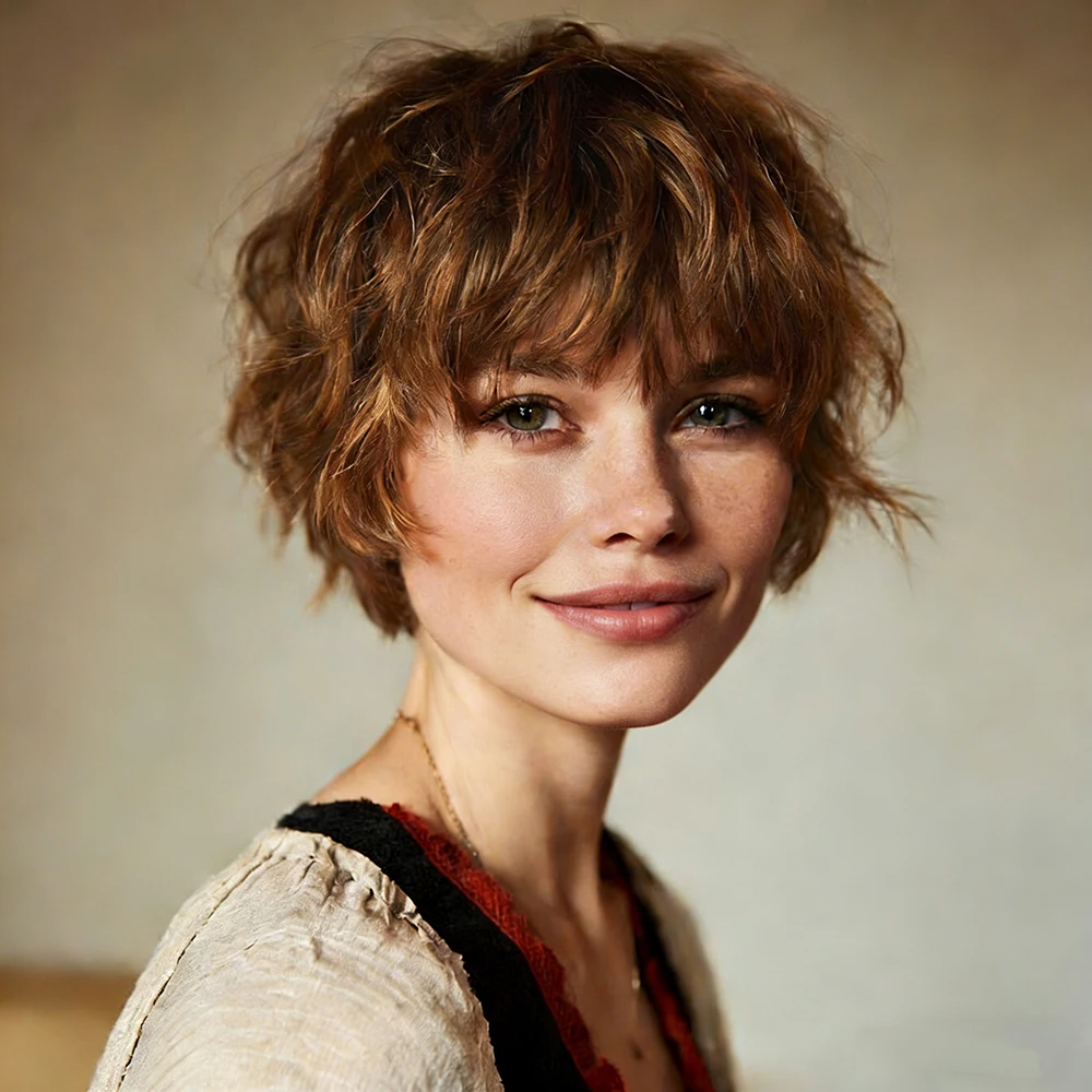 

Коричневый цвет Короткий парик с стрижкой пикси Прямые парики из натуральных волос с челкой Полный машинный парик для женщин Бразильский коричневый парик с челкой