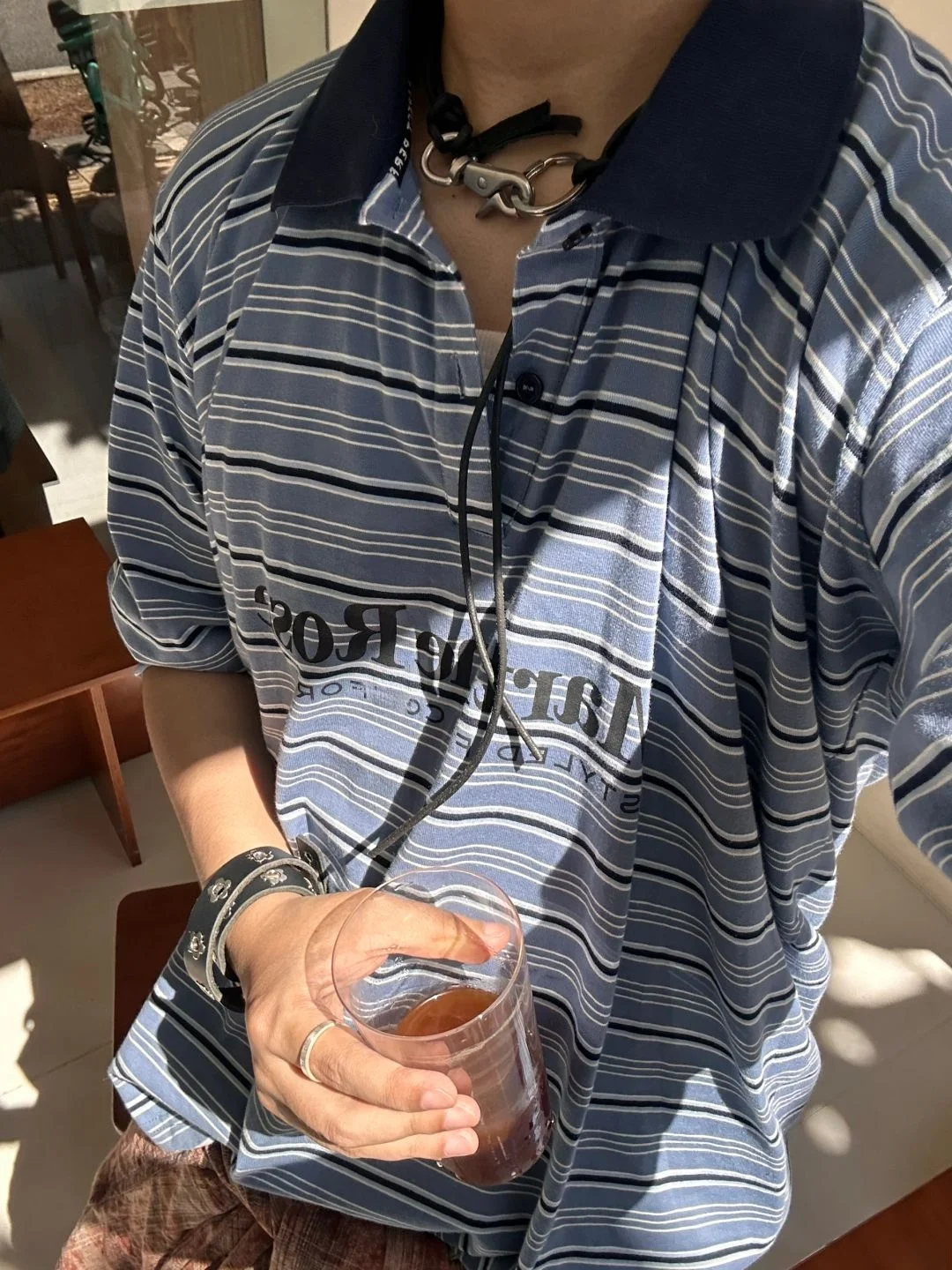 

e Rose 24SS Vintage Blue Striped Slogan Printed ort Sve irt Youth Casual Summer Faion Cotton T-irt