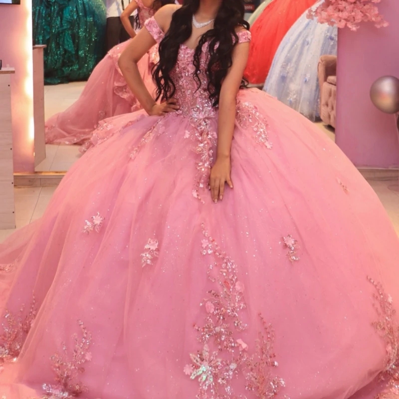 

Pink Shiny Quinceanera Dresses Off Shoulder Ball Gown Sweet 16 Dress Sequin Applique Flower Beading Crystal Bow Tull Birthday