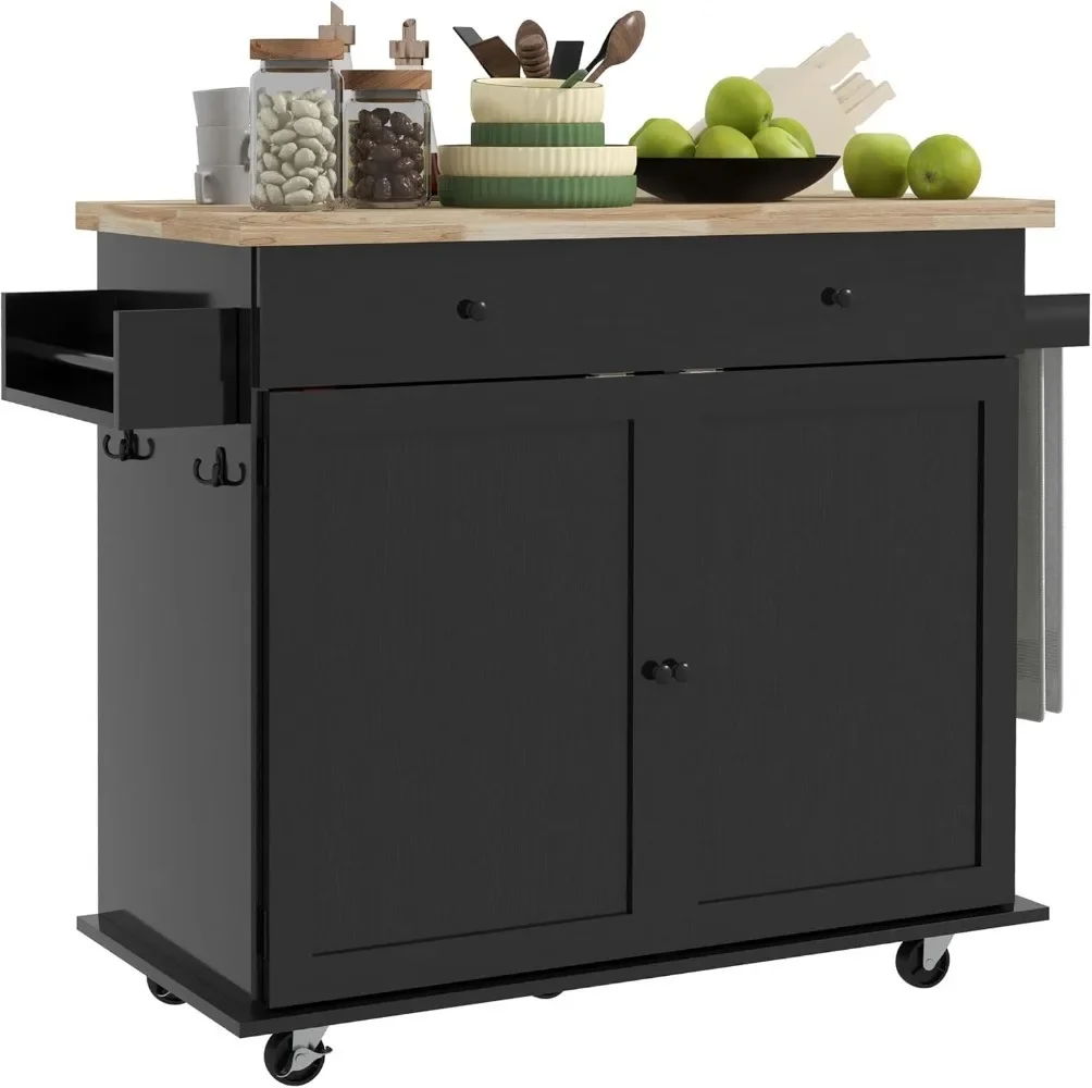 Kitchen Island with Storage, Farmhouse Rolling Kitchen Island Cart on Wheels with Drawer, 2 Cabinets, Rubberwood Top