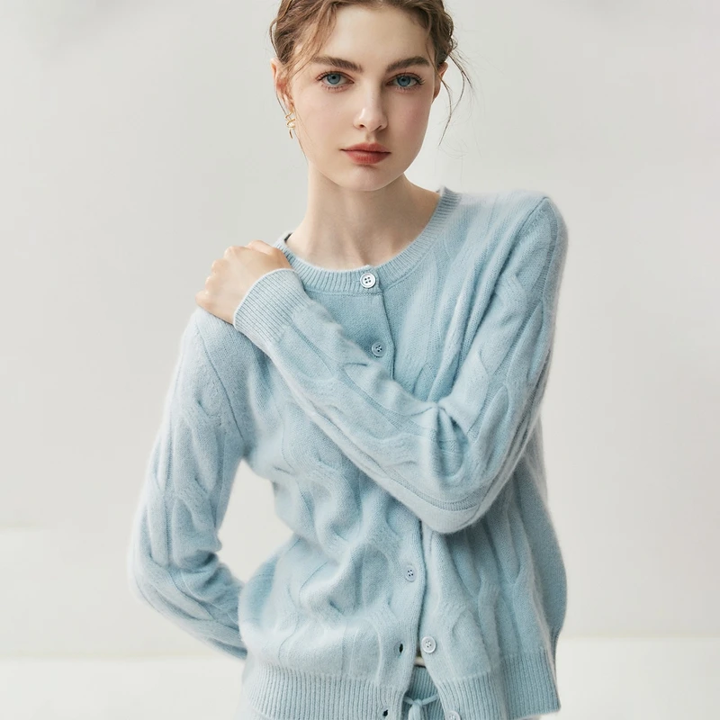 

Women's 100% Cashmere Knitting Round Neck Cardigan Short Sweater Fried Dough Twists Design Comfortable Soft Winter Outerwear